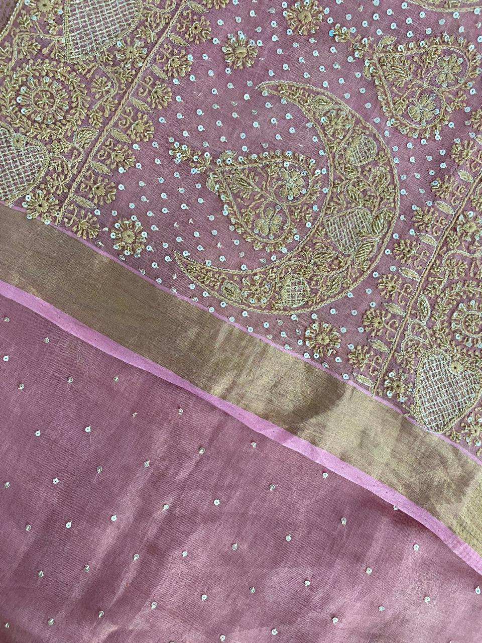 Onion Pink Chikankari Saree in Golden Tissue