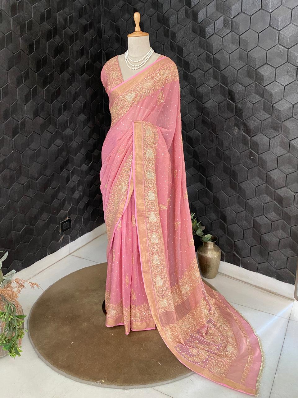 Onion Pink Chikankari Saree in Golden Tissue