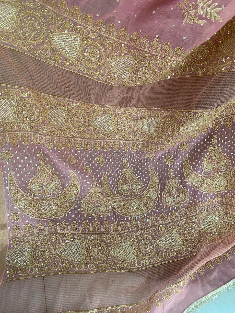 Onion Pink Chikankari Saree in Golden Tissue