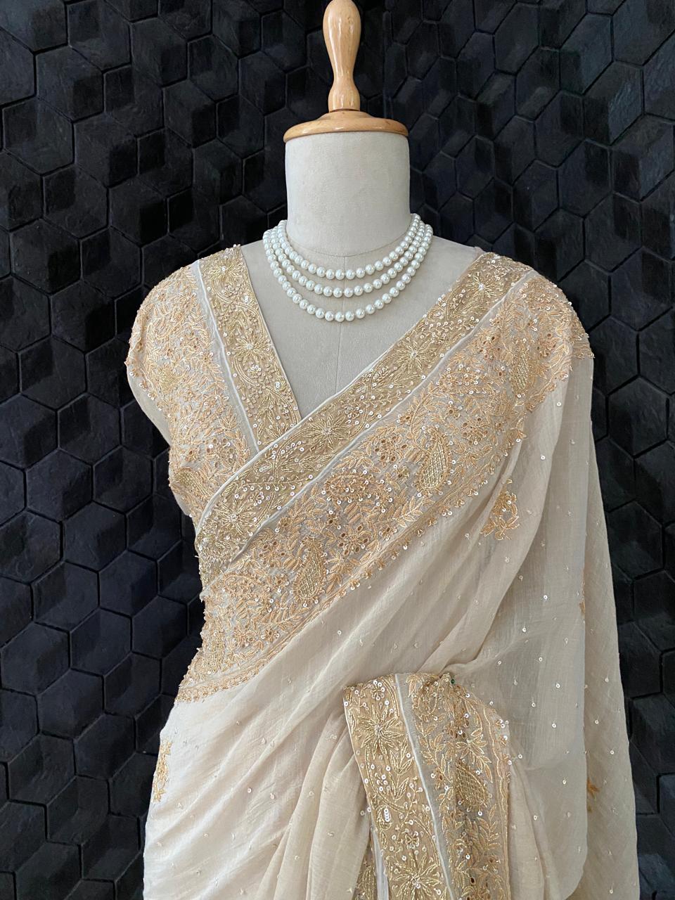 Beige Chikankari Saree in Golden Tissue