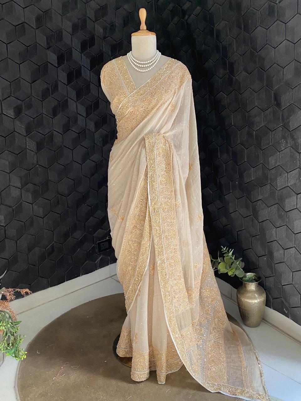 Beige Chikankari Saree in Golden Tissue
