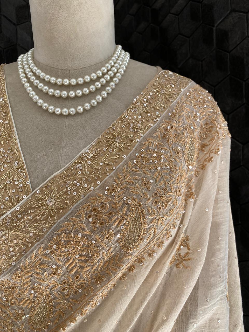 Beige Chikankari Saree in Golden Tissue