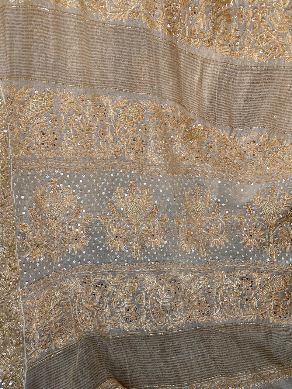 Beige Chikankari Saree in Golden Tissue
