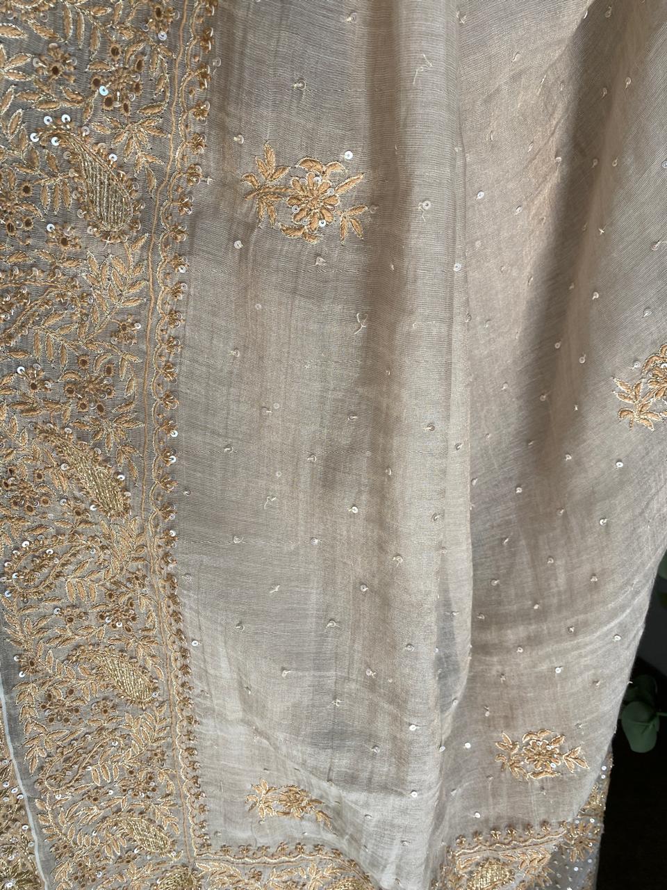 Beige Chikankari Saree in Golden Tissue