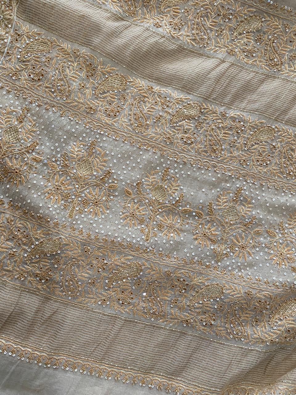 Beige Chikankari Saree in Golden Tissue