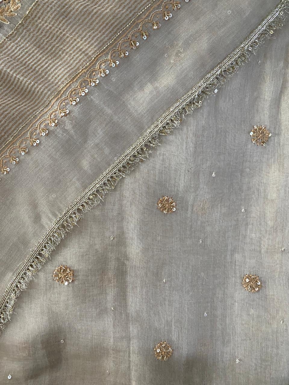 Beige Chikankari Saree in Golden Tissue