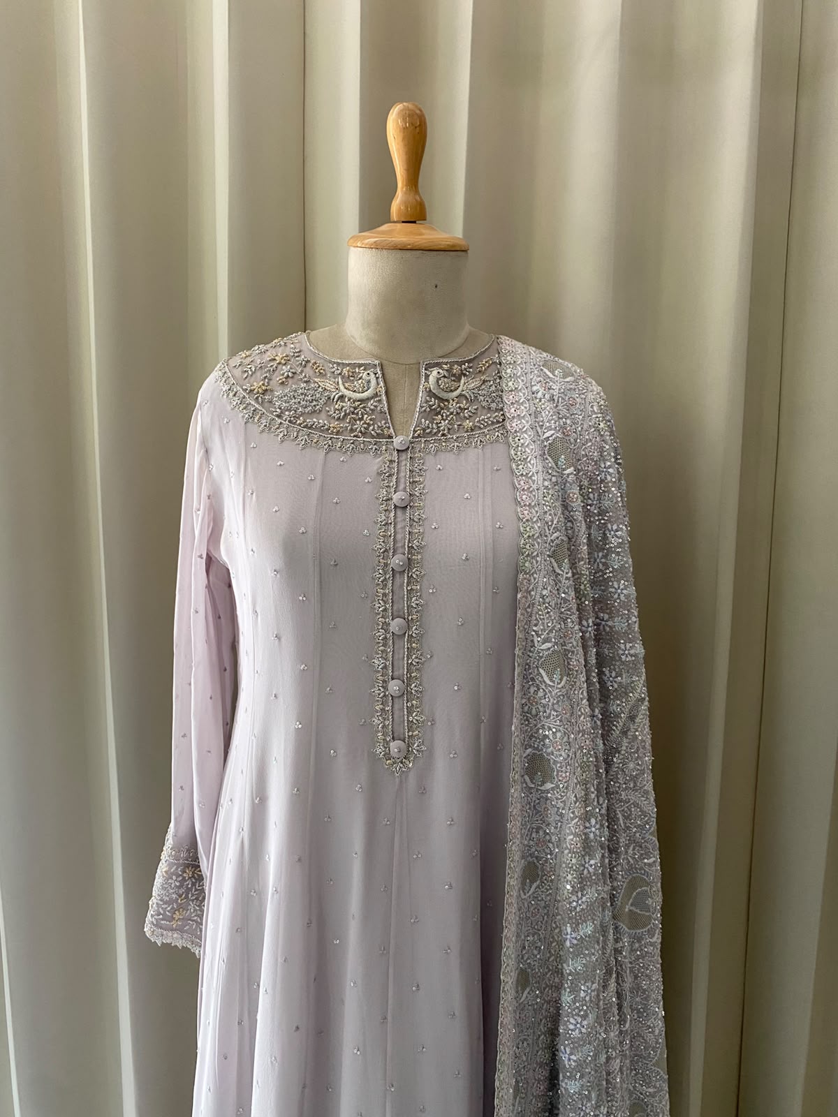 Lilac Georgette Anarkali Set with Embroidered Heavy Dupatta