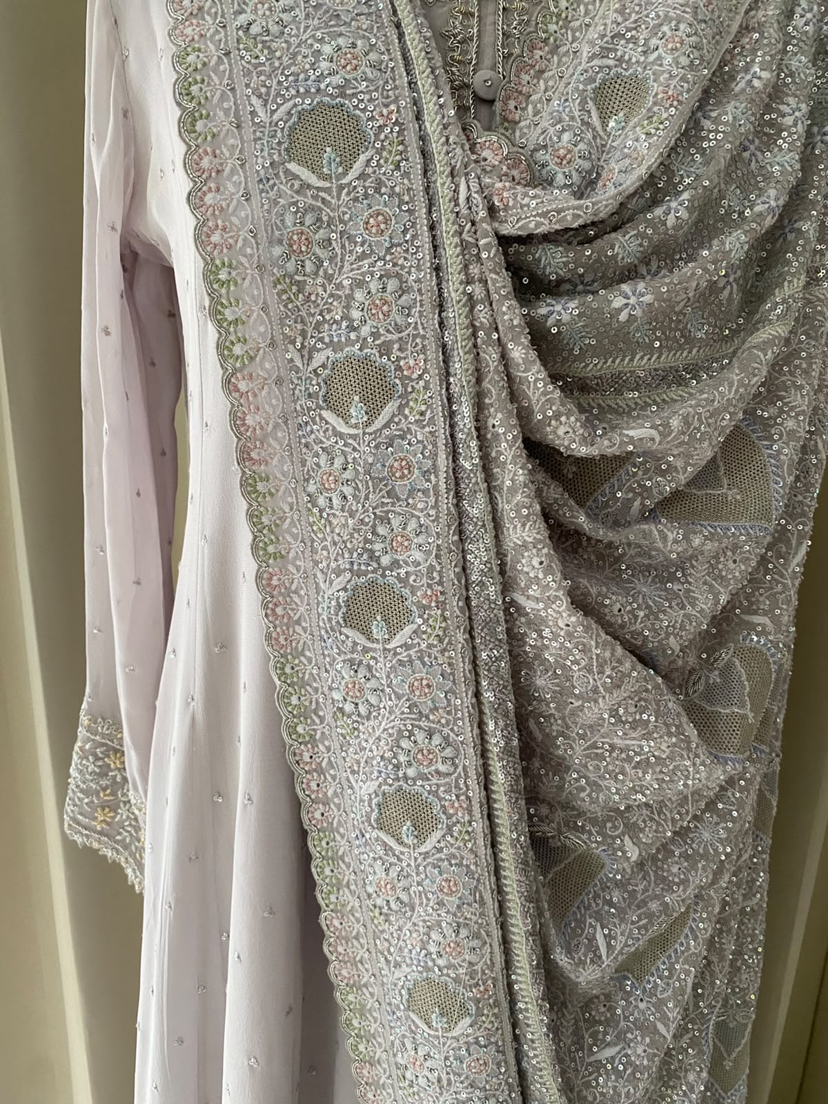 Lilac Georgette Anarkali Set with Embroidered Heavy Dupatta