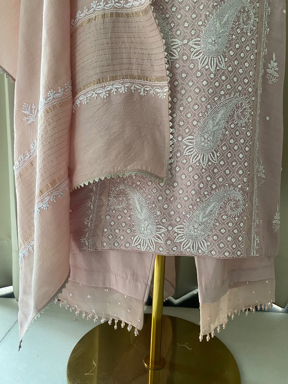 Pastel Pink Moonga Silk Kurta Set with Paisley Chikankari, Pearl & Cut Dana Work