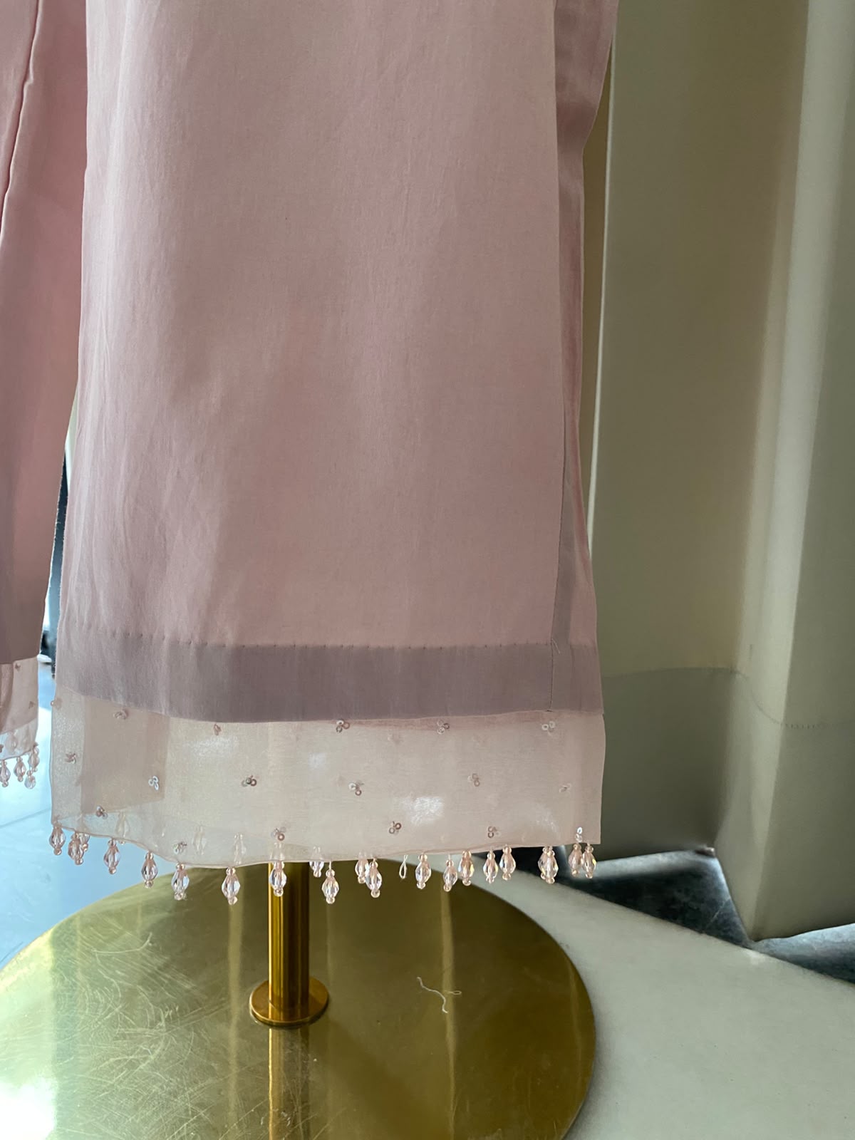 Pastel Pink Moonga Silk Kurta Set with Paisley Chikankari, Pearl & Cut Dana Work