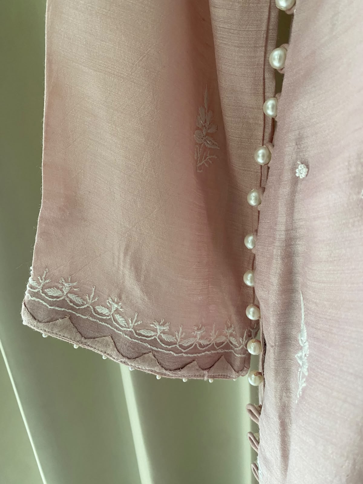 Pastel Pink Moonga Silk Kurta Set with Paisley Chikankari, Pearl & Cut Dana Work