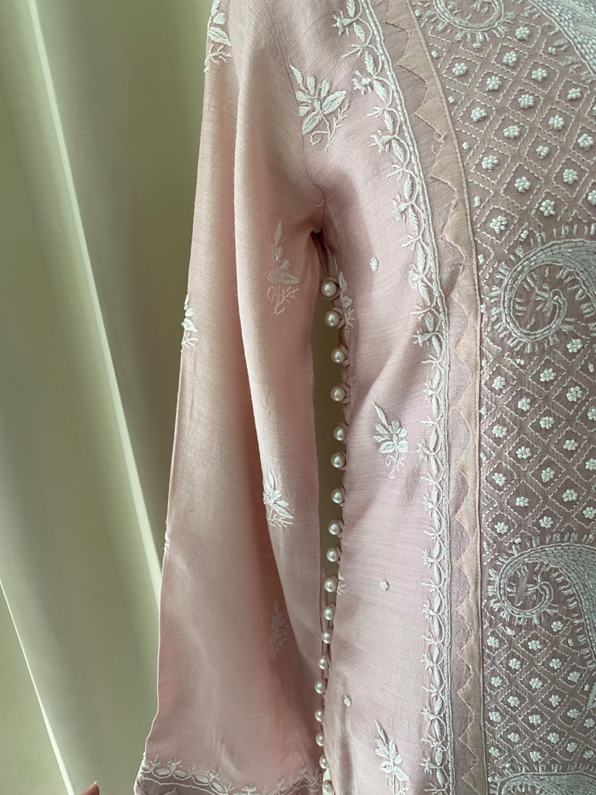 Pastel Pink Moonga Silk Kurta Set with Paisley Chikankari, Pearl & Cut Dana Work