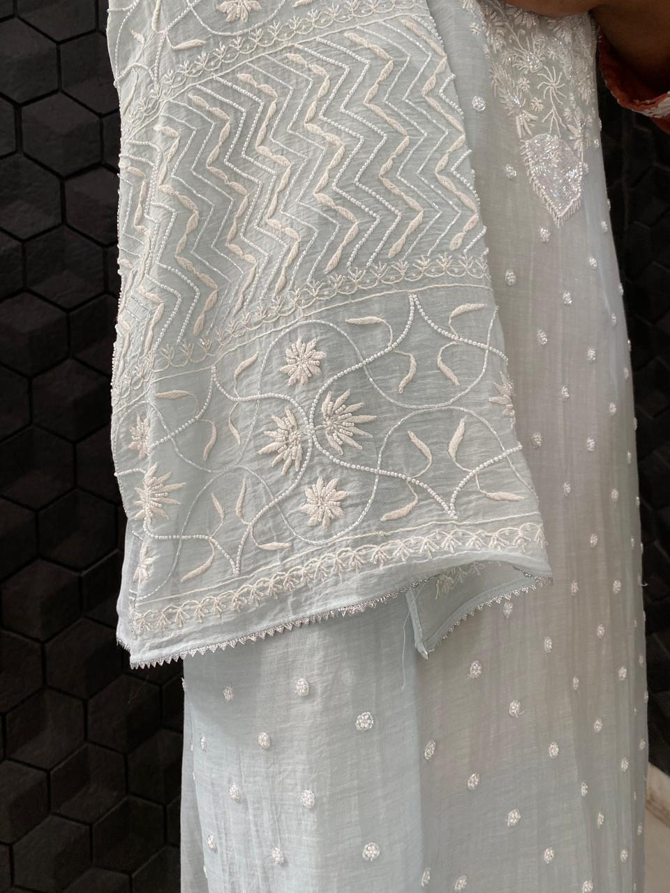 Sea Green Mul Chanderi Chikankari Kurta Set