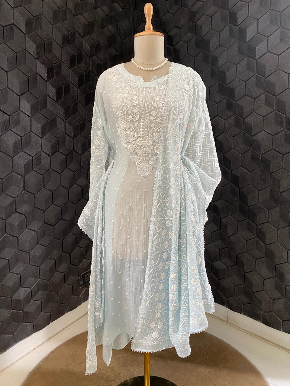 Sea Green Mul Chanderi Chikankari Kurta Set