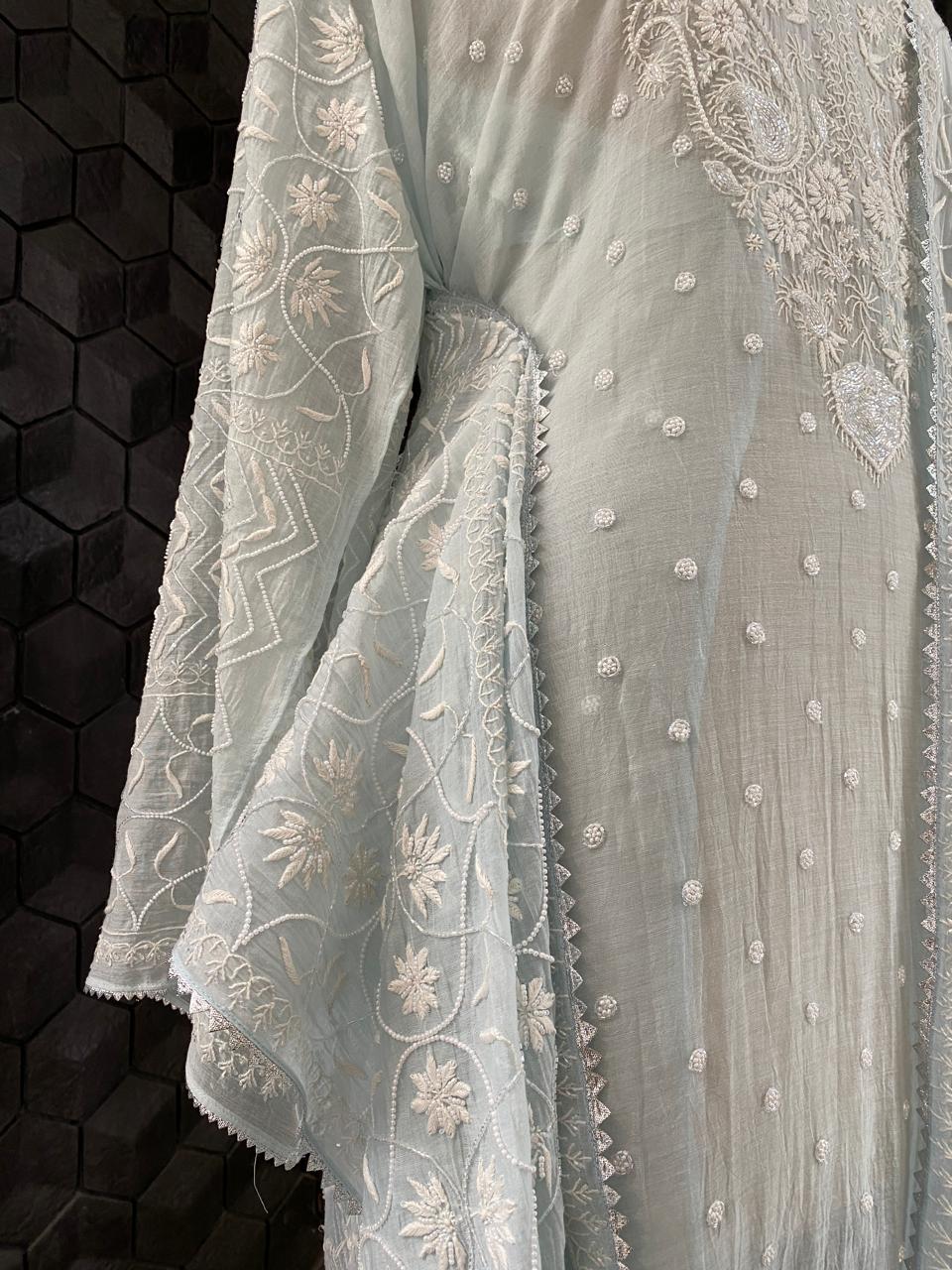 Sea Green Mul Chanderi Chikankari Kurta Set