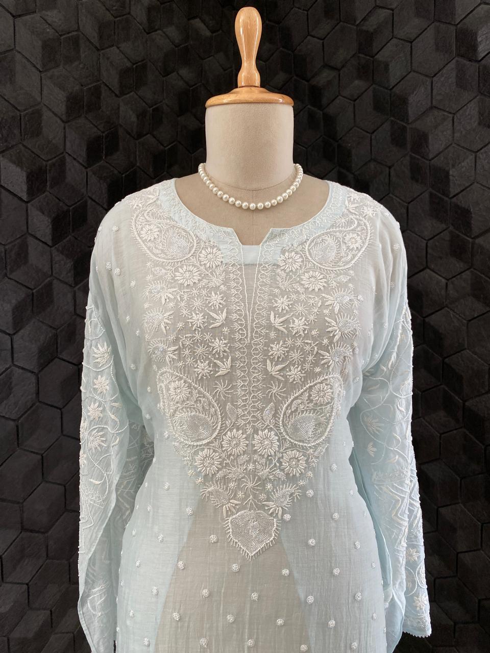 Sea Green Mul Chanderi Chikankari Kurta Set