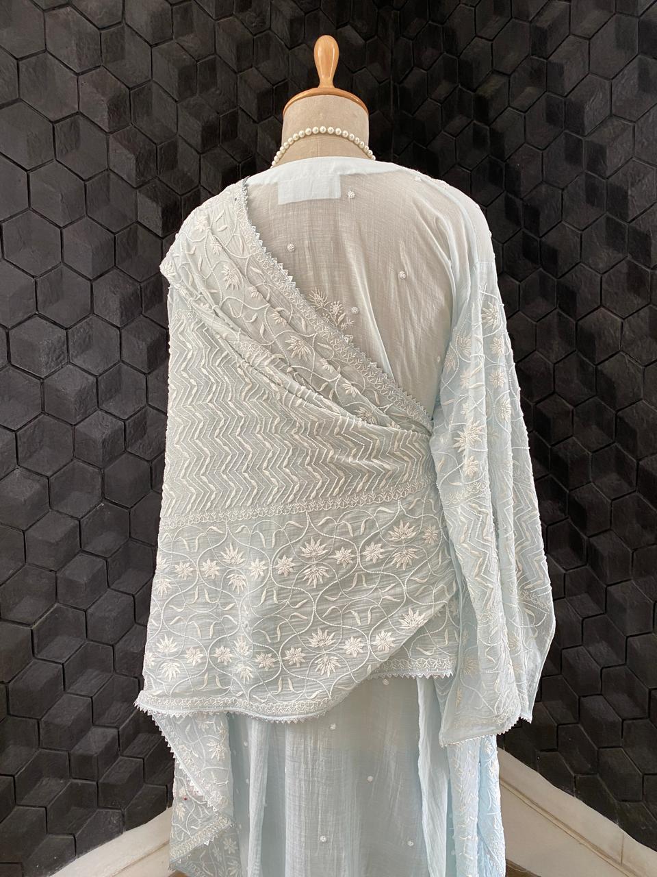 Sea Green Mul Chanderi Chikankari Kurta Set
