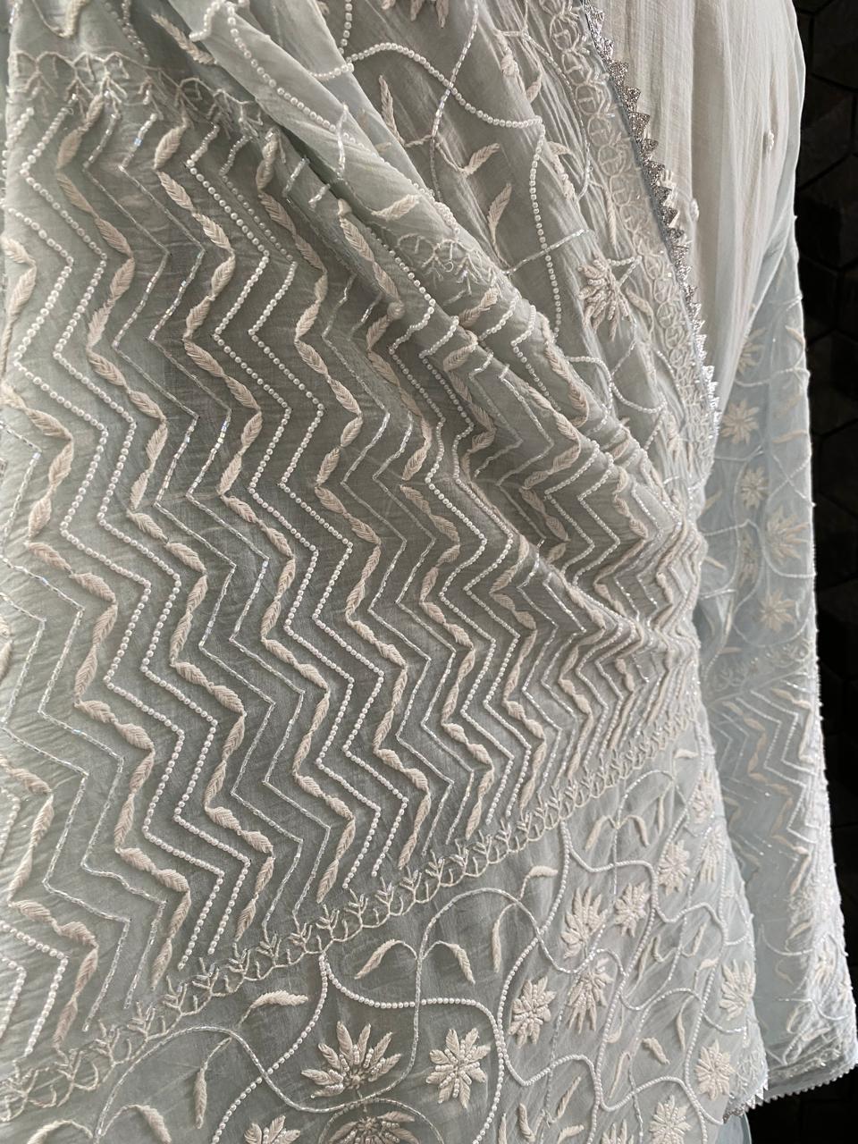 Sea Green Mul Chanderi Chikankari Kurta Set