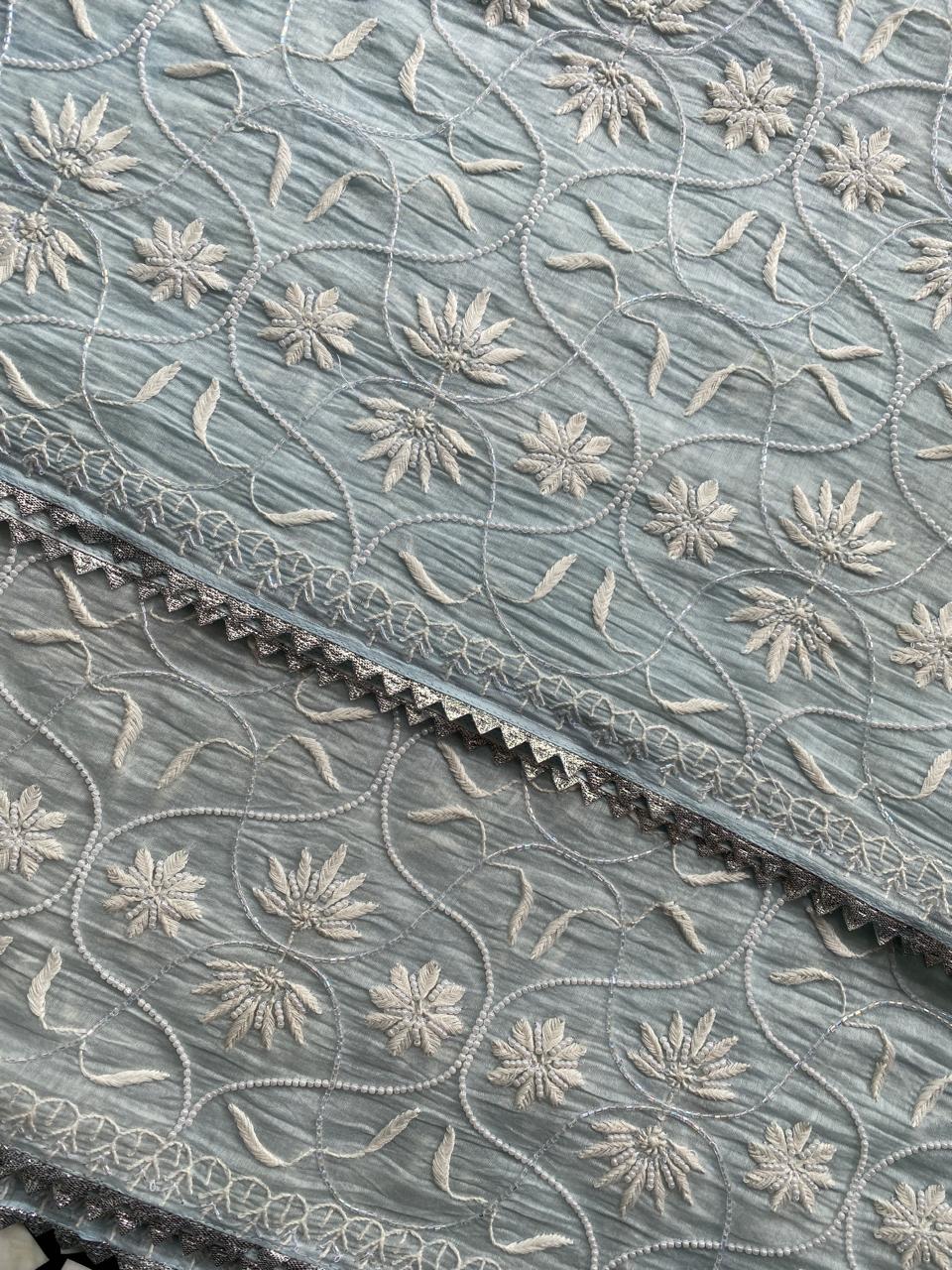 Sea Green Mul Chanderi Chikankari Kurta Set