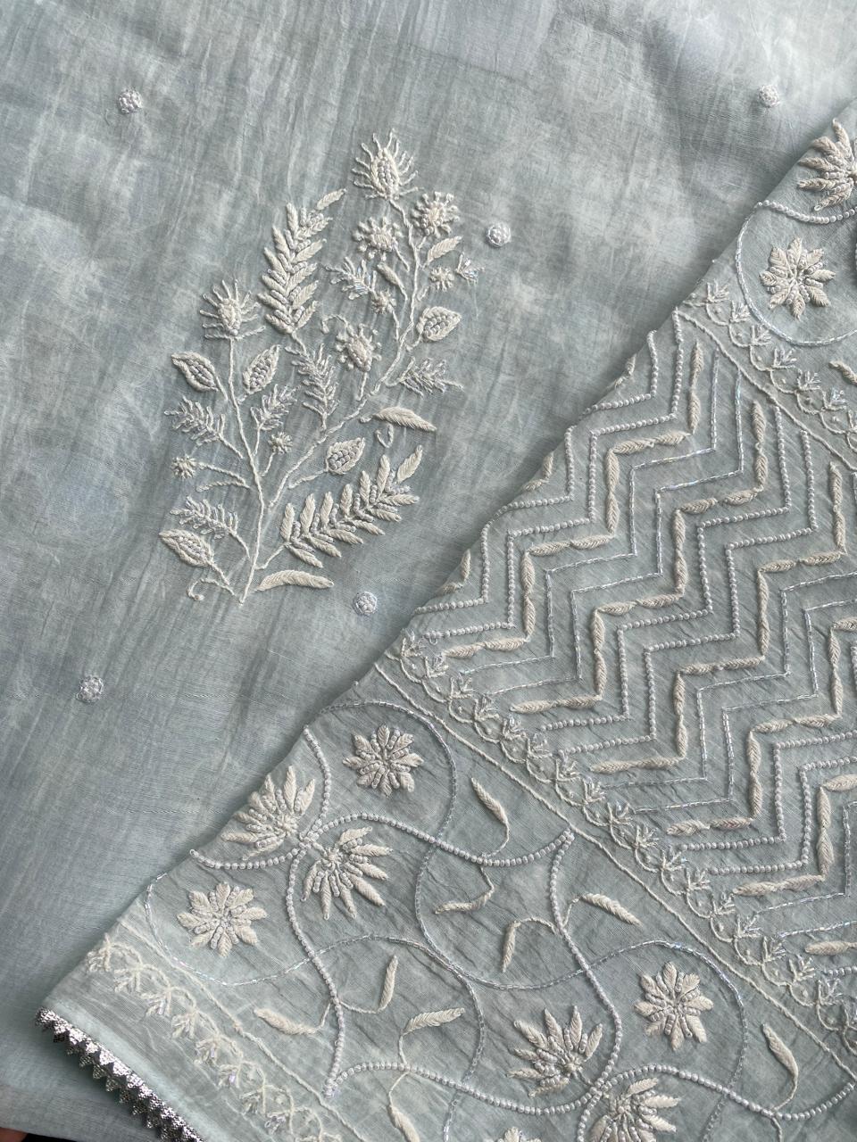 Sea Green Mul Chanderi Chikankari Kurta Set