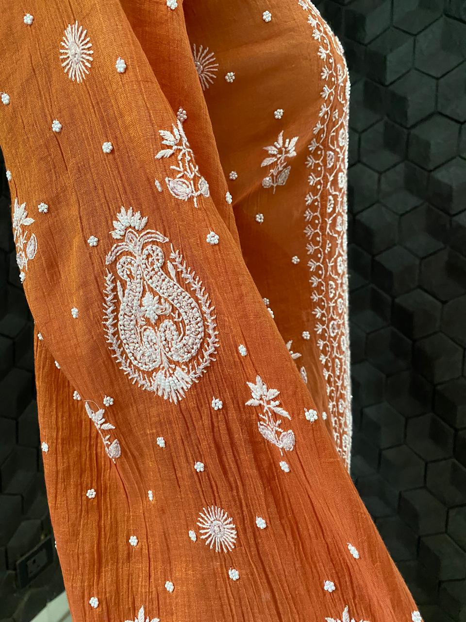 Rust Orange Golden Tissue Chikankari Kurta Set