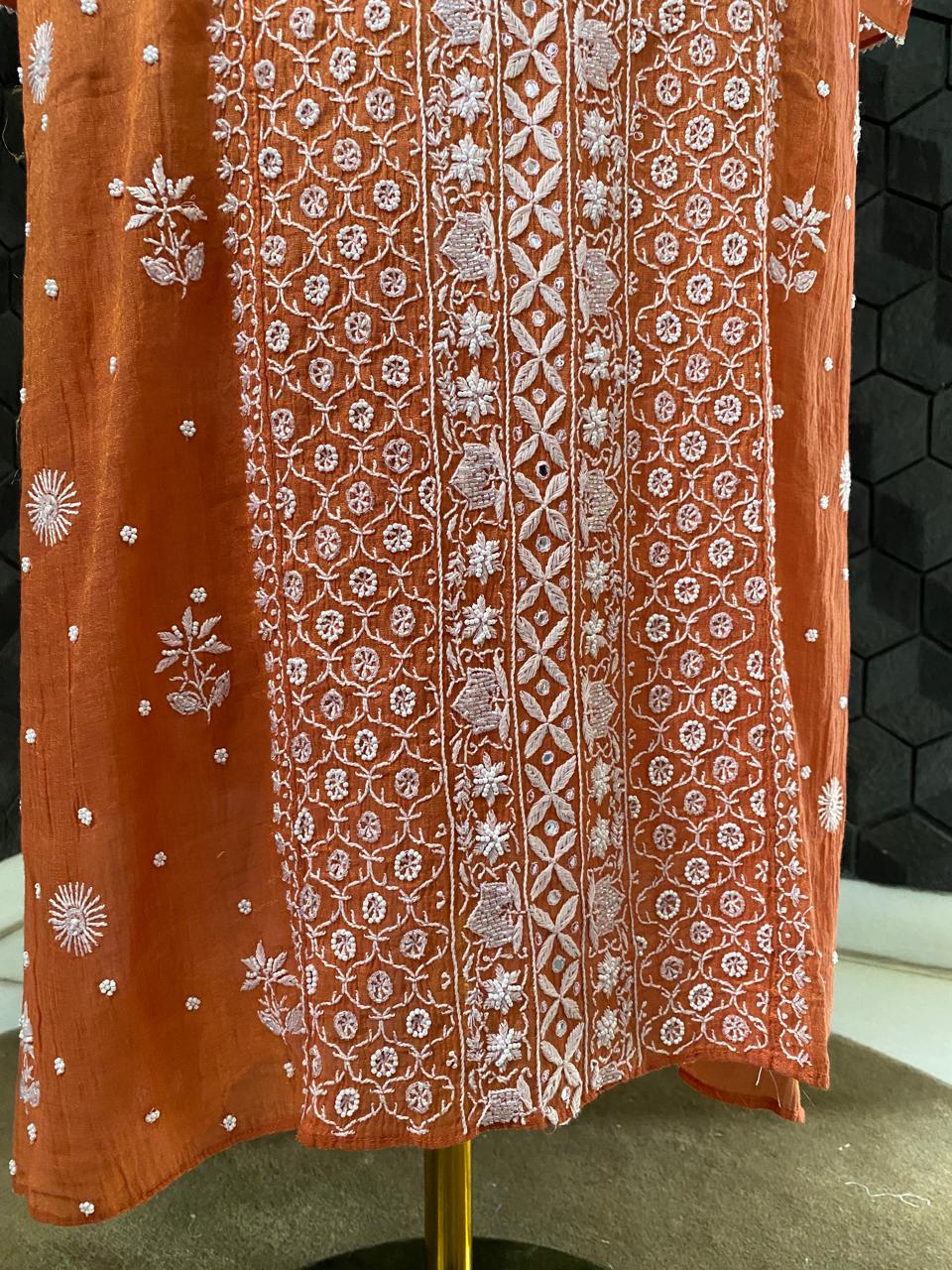 Rust Orange Golden Tissue Chikankari Kurta Set