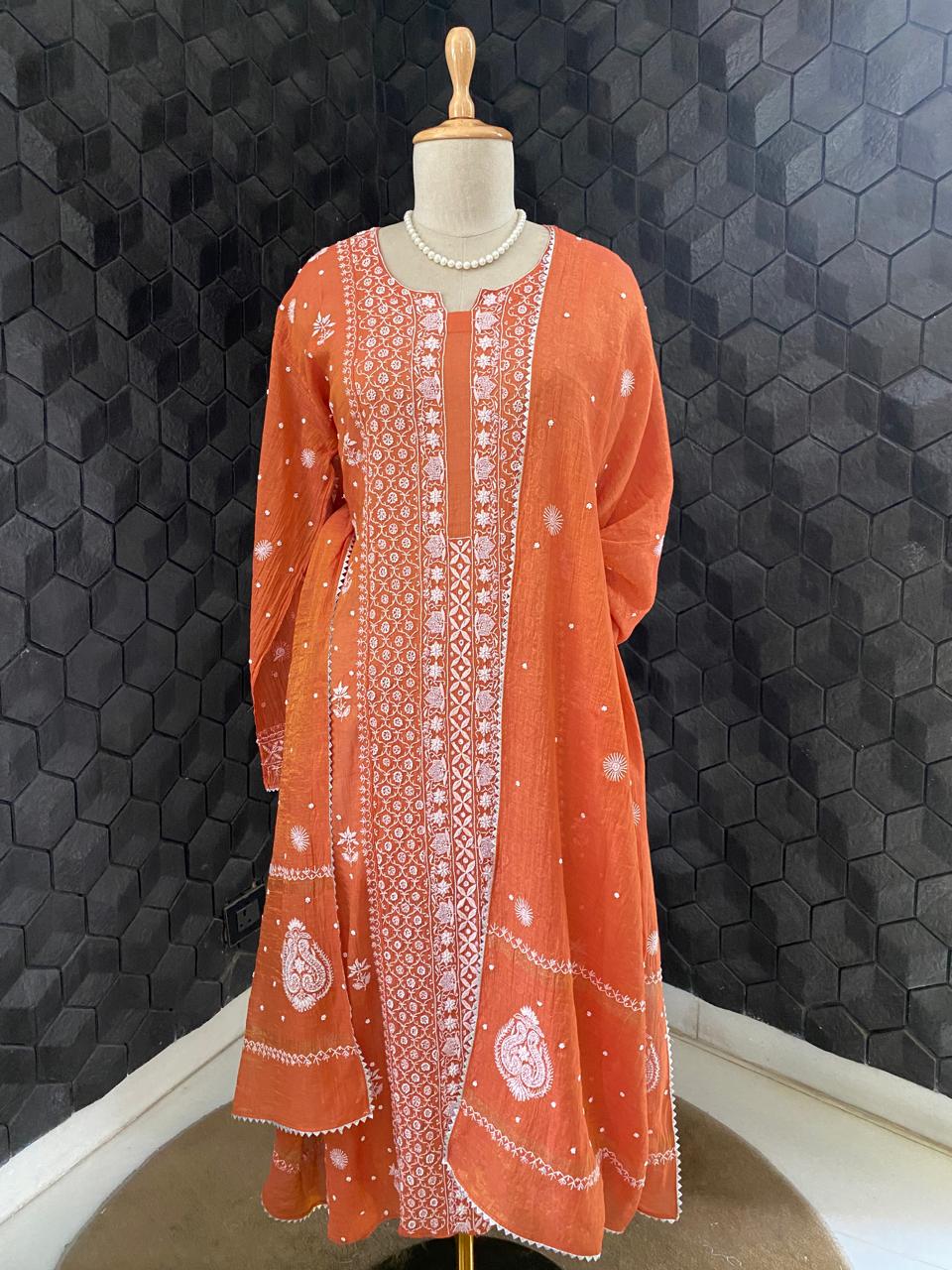 Rust Orange Golden Tissue Chikankari Kurta Set