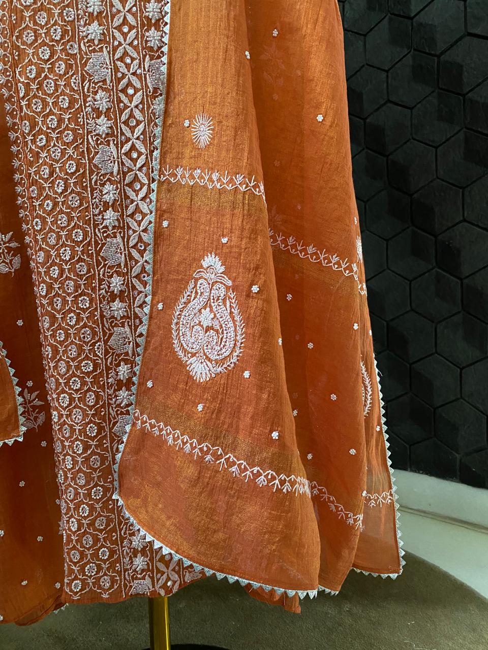 Rust Orange Golden Tissue Chikankari Kurta Set