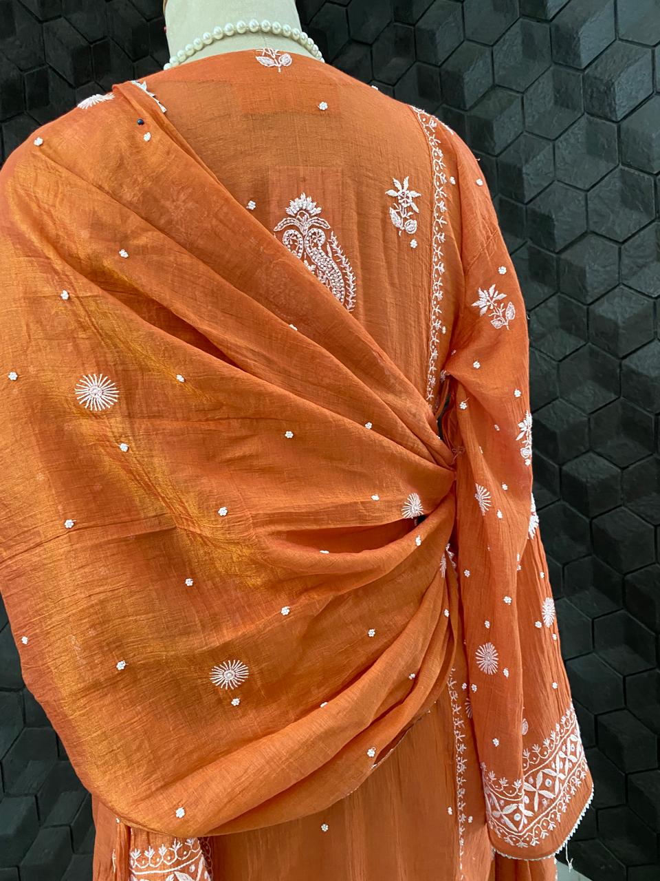 Rust Orange Golden Tissue Chikankari Kurta Set