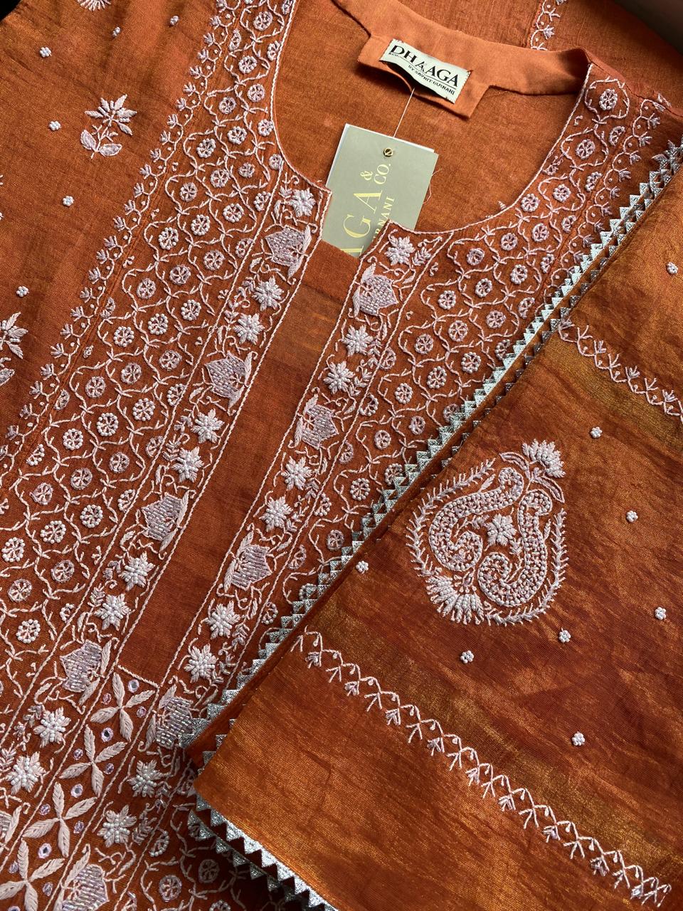 Rust Orange Golden Tissue Chikankari Kurta Set