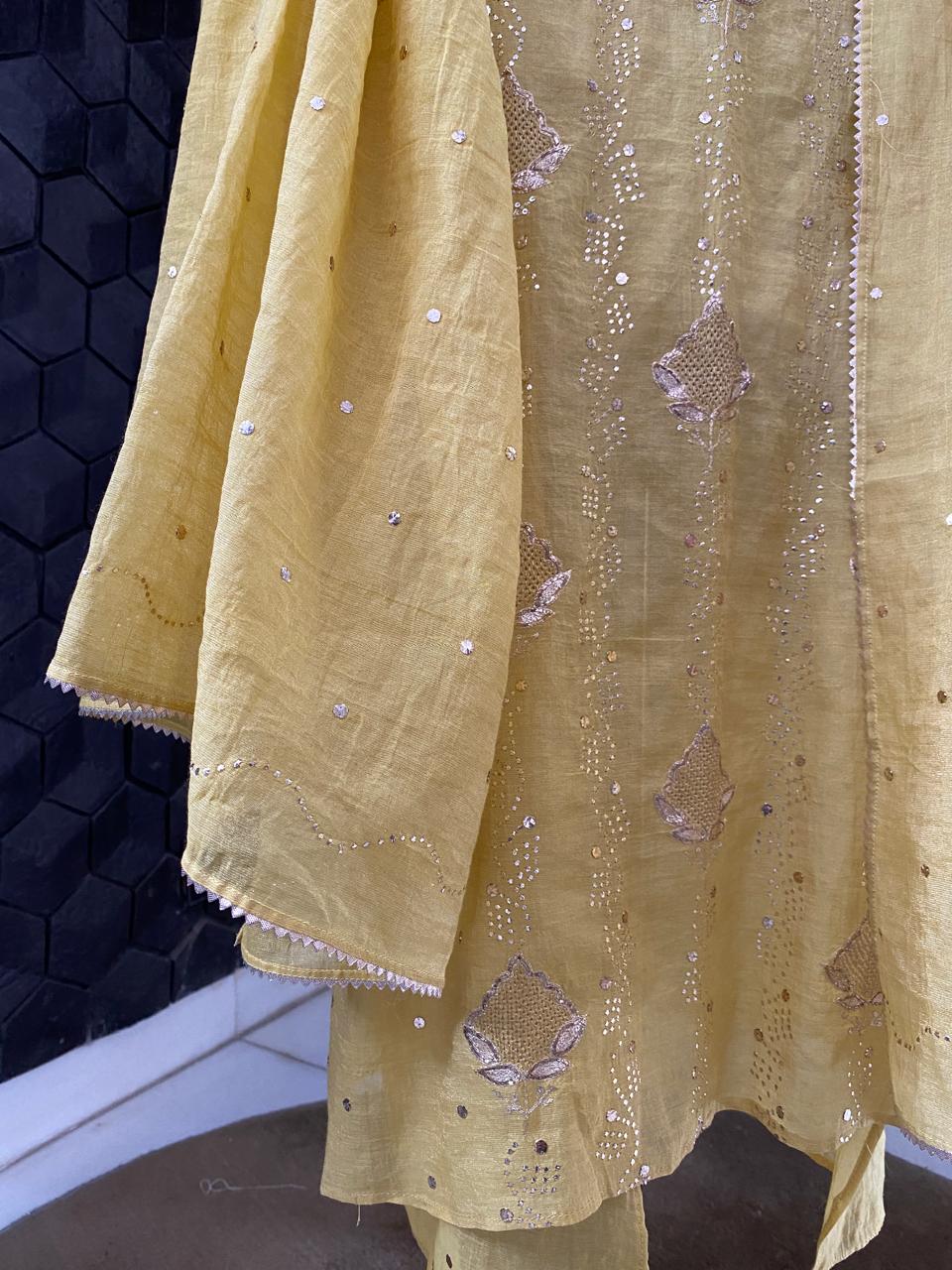 Yellow Golden Tissue Mukaish and Kamdani Kurta Set