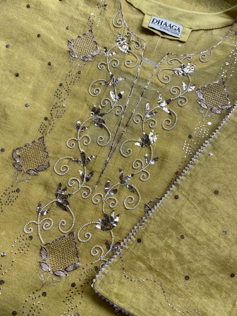 Yellow Golden Tissue Mukaish and Kamdani Kurta Set