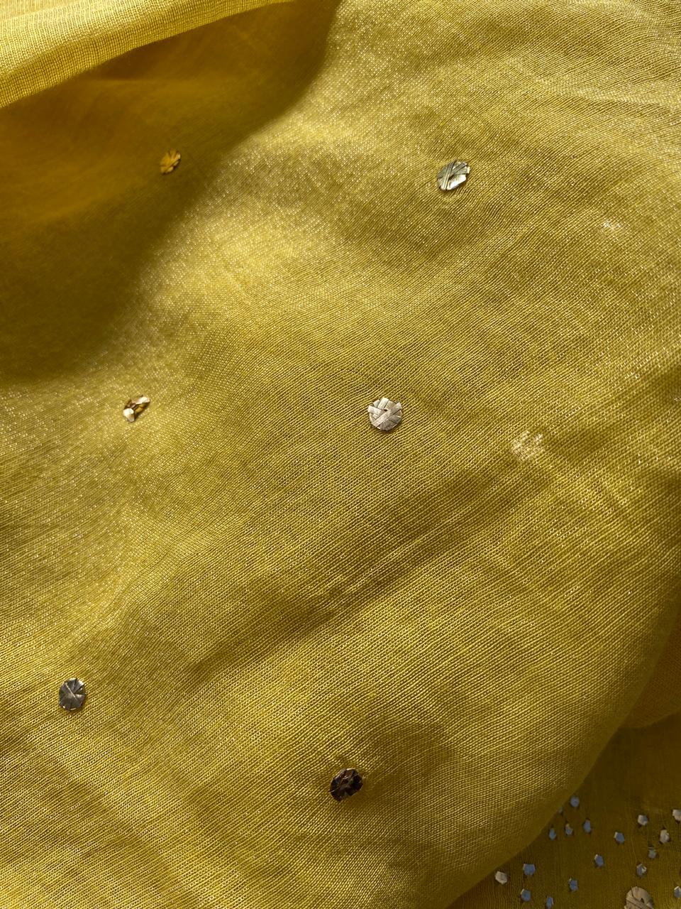 Yellow Golden Tissue Mukaish and Kamdani Kurta Set