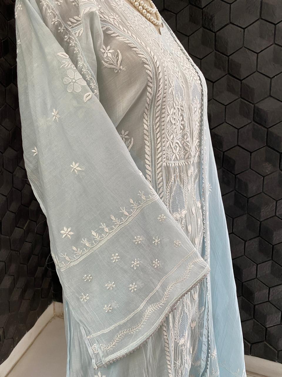 Sky Blue Mul Chanderi Chikankari Kurta Set