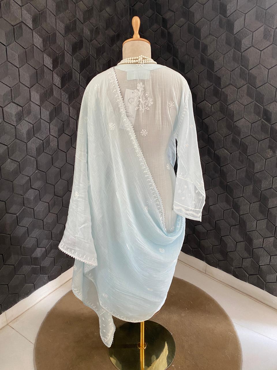 Sky Blue Mul Chanderi Chikankari Kurta Set