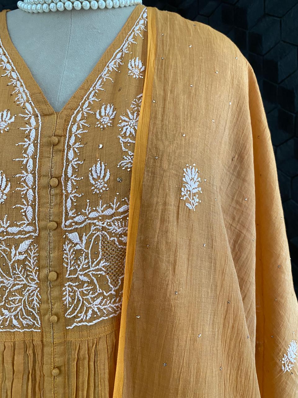 Mustard Sliver Tissue Chikankari sharara set