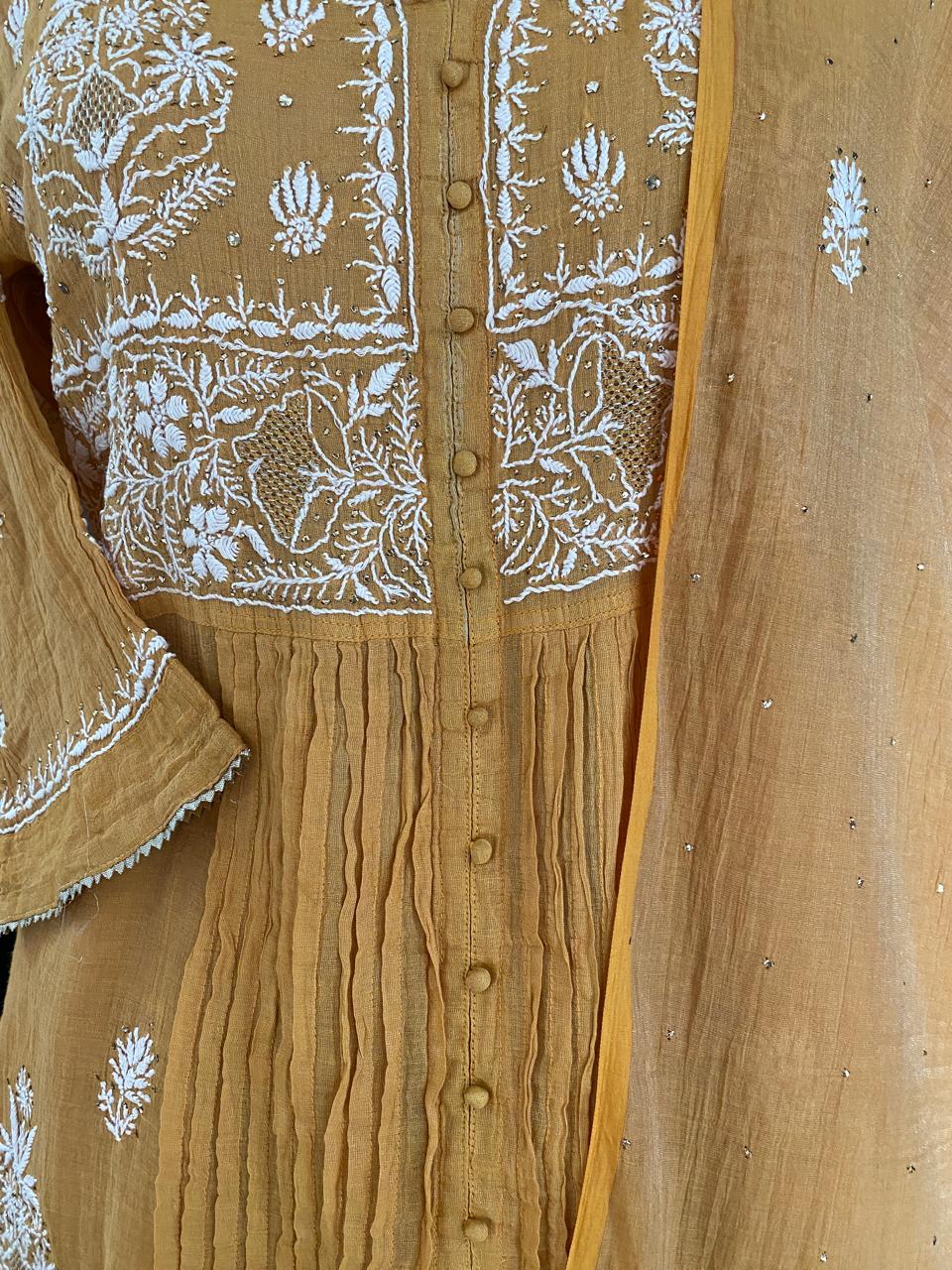 Mustard Sliver Tissue Chikankari sharara set