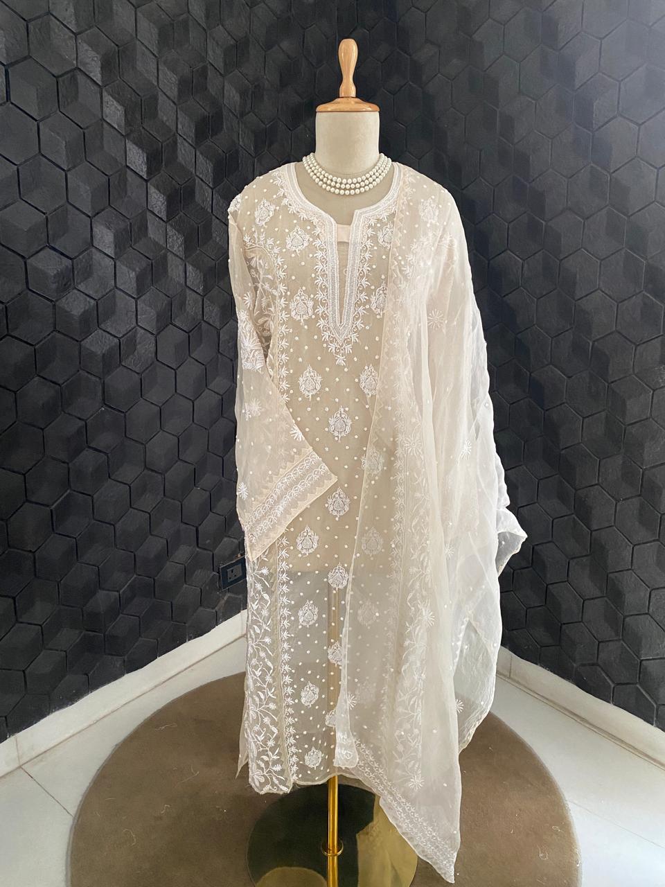 Beige Chikankari Kurta set in pure organza