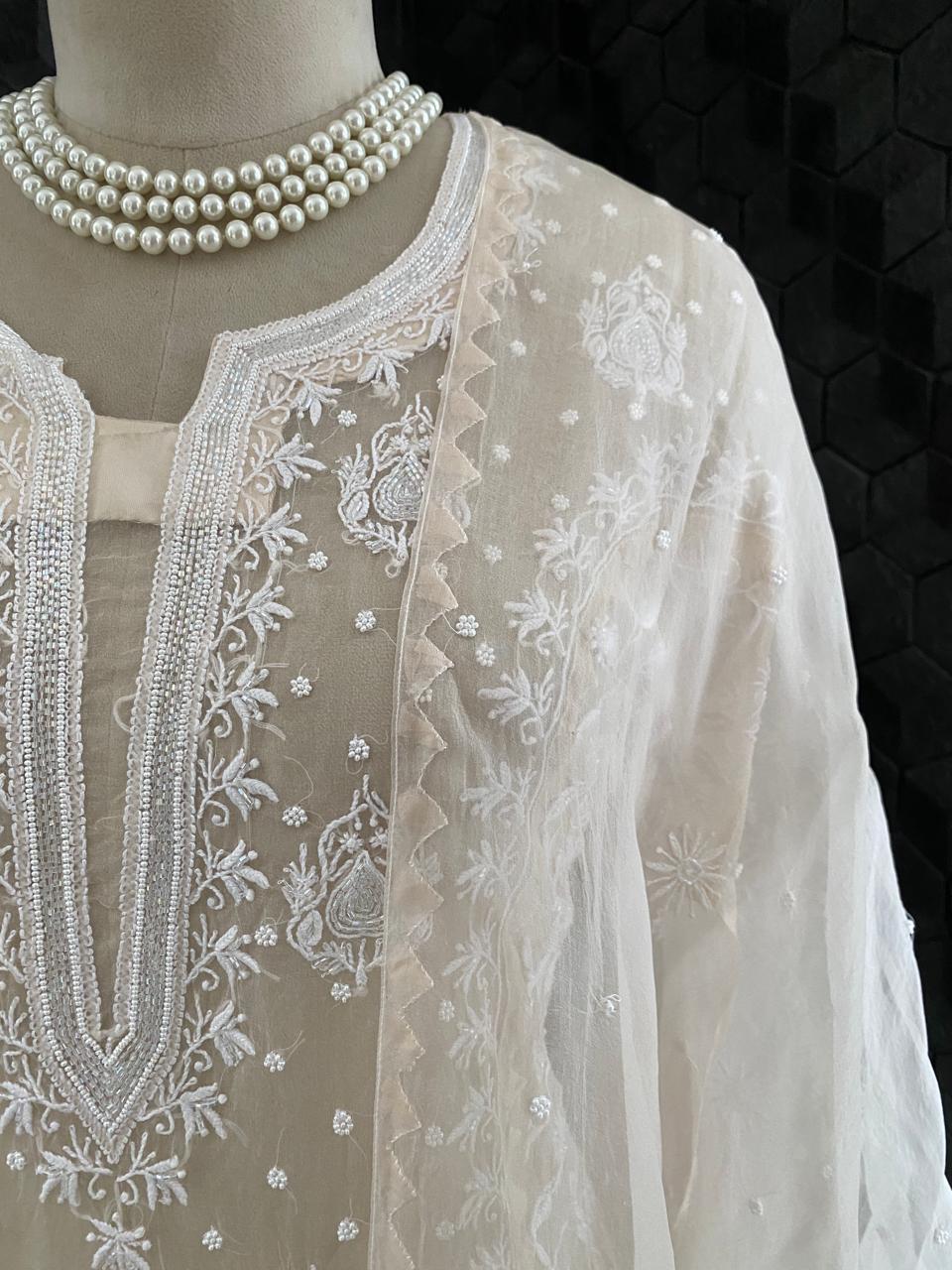 Beige Chikankari Kurta set in pure organza