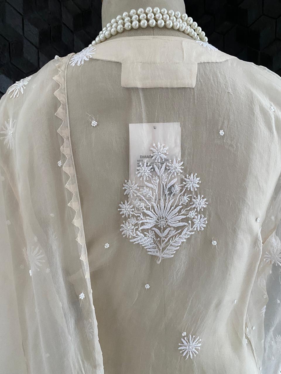 Beige Chikankari Kurta set in pure organza