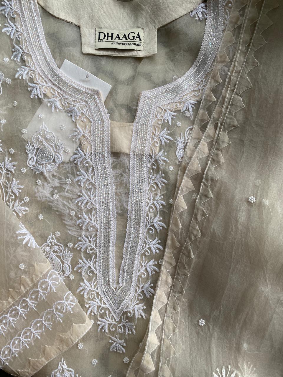 Beige Chikankari Kurta set in pure organza