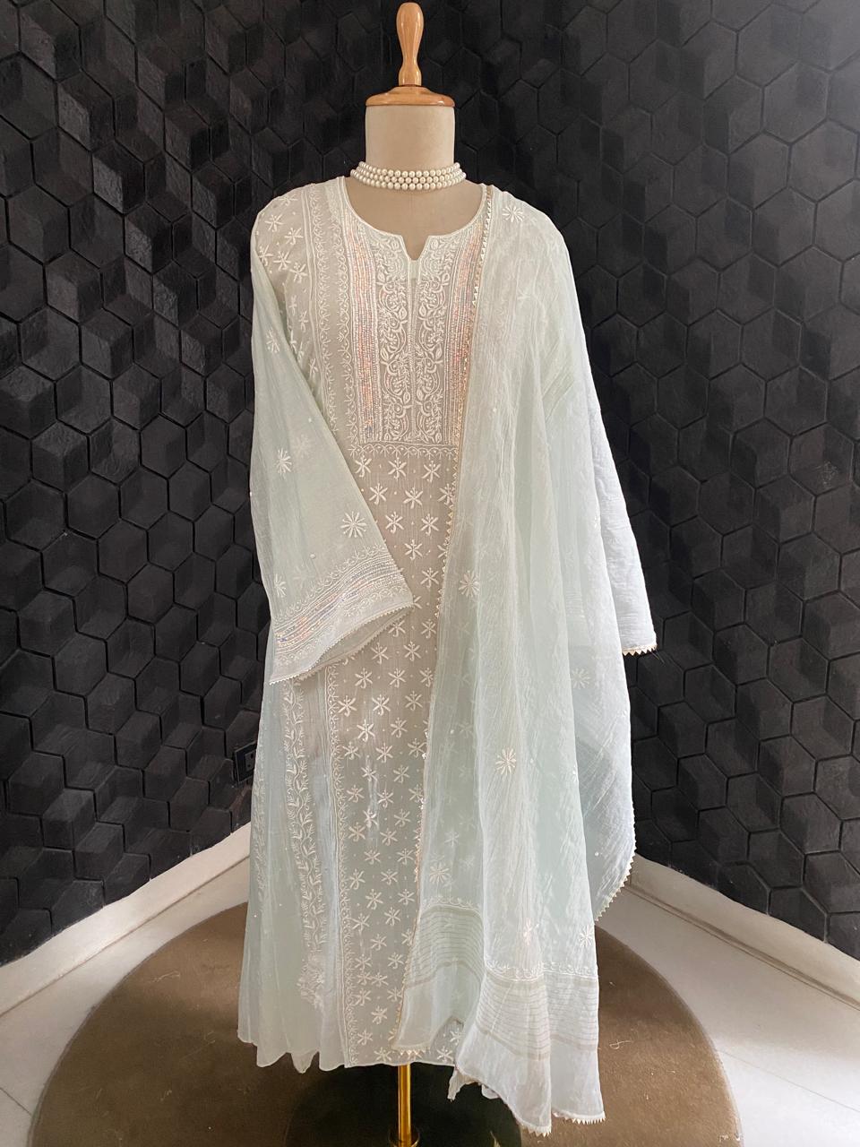 Sea Green Mul Chanderi Chikankari Kurta Set