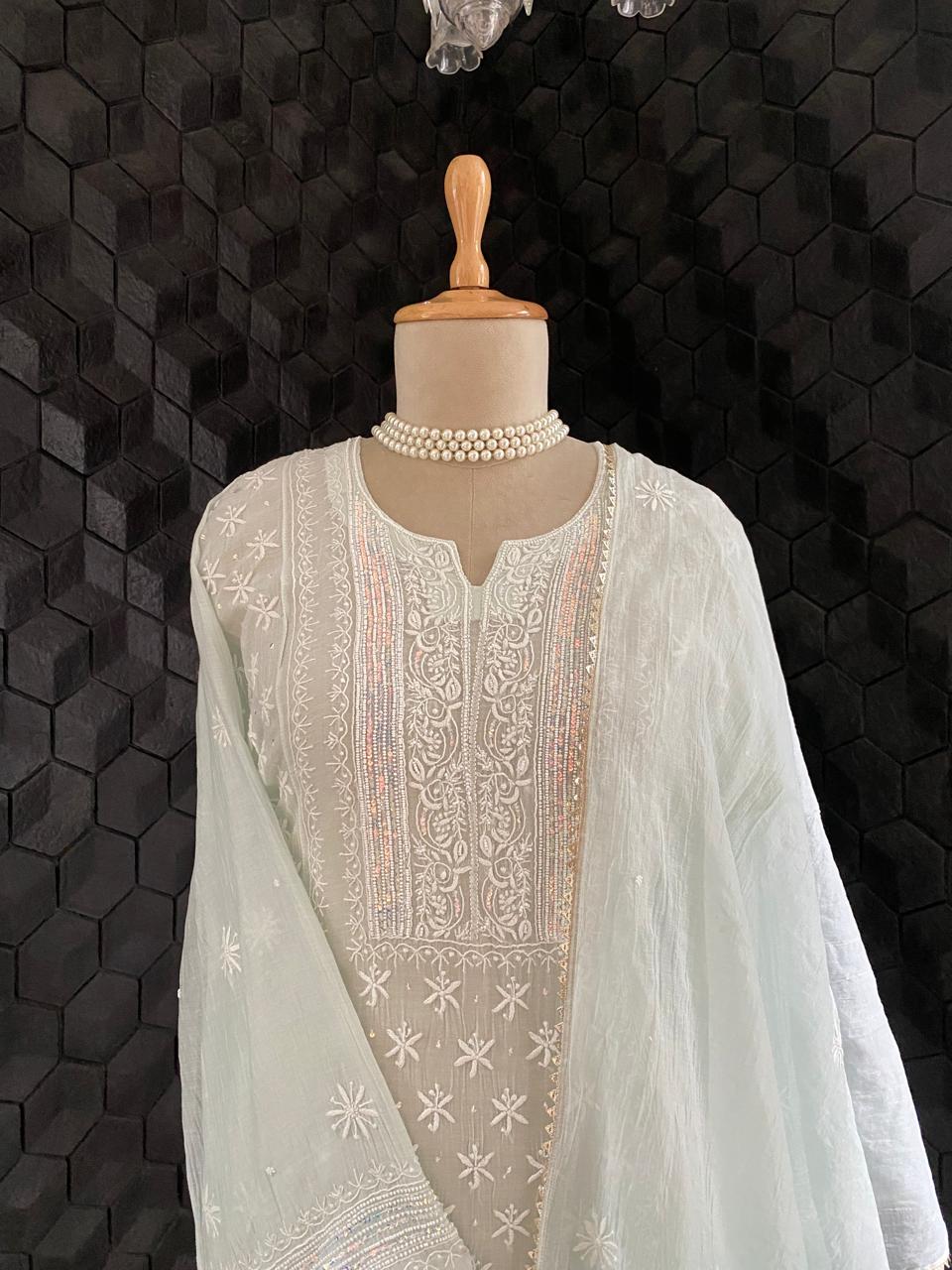 Sea Green Mul Chanderi Chikankari Kurta Set