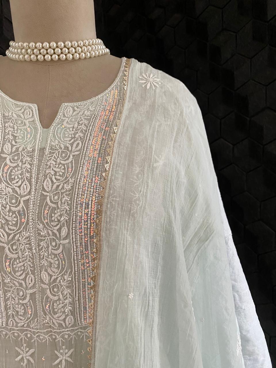Sea Green Mul Chanderi Chikankari Kurta Set