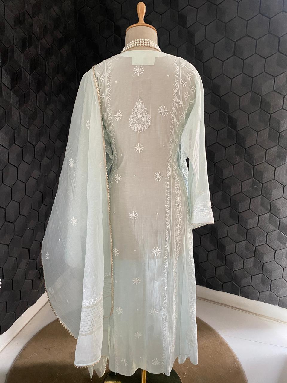 Sea Green Mul Chanderi Chikankari Kurta Set