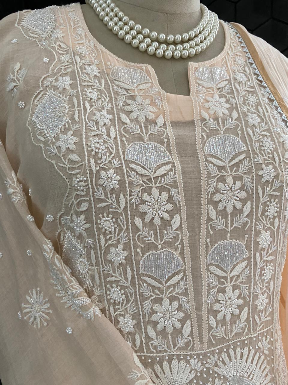 Peach Mul Chanderi Chikankari Kurta Set