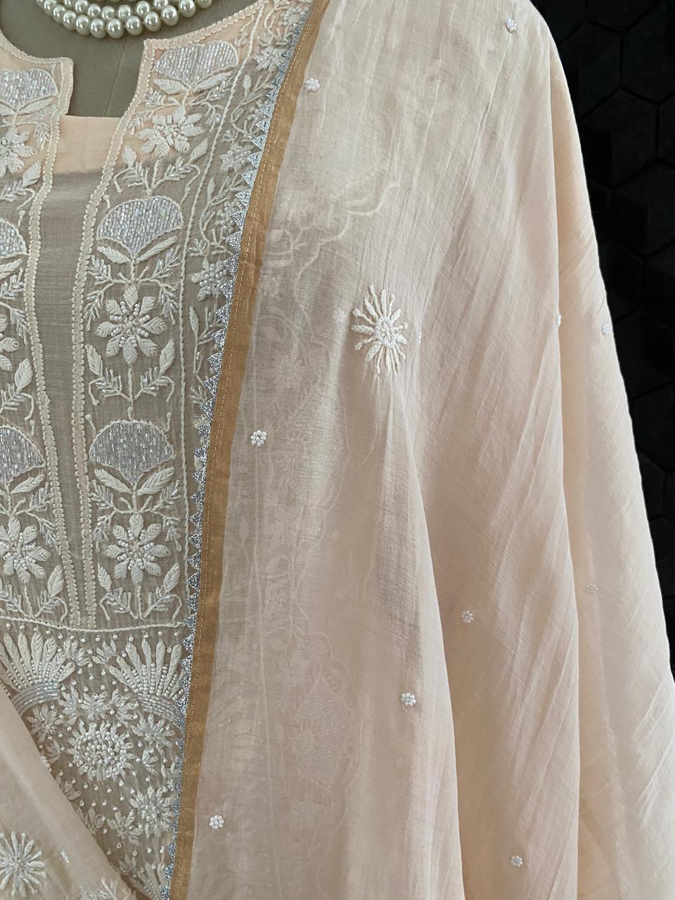 Peach Mul Chanderi Chikankari Kurta Set