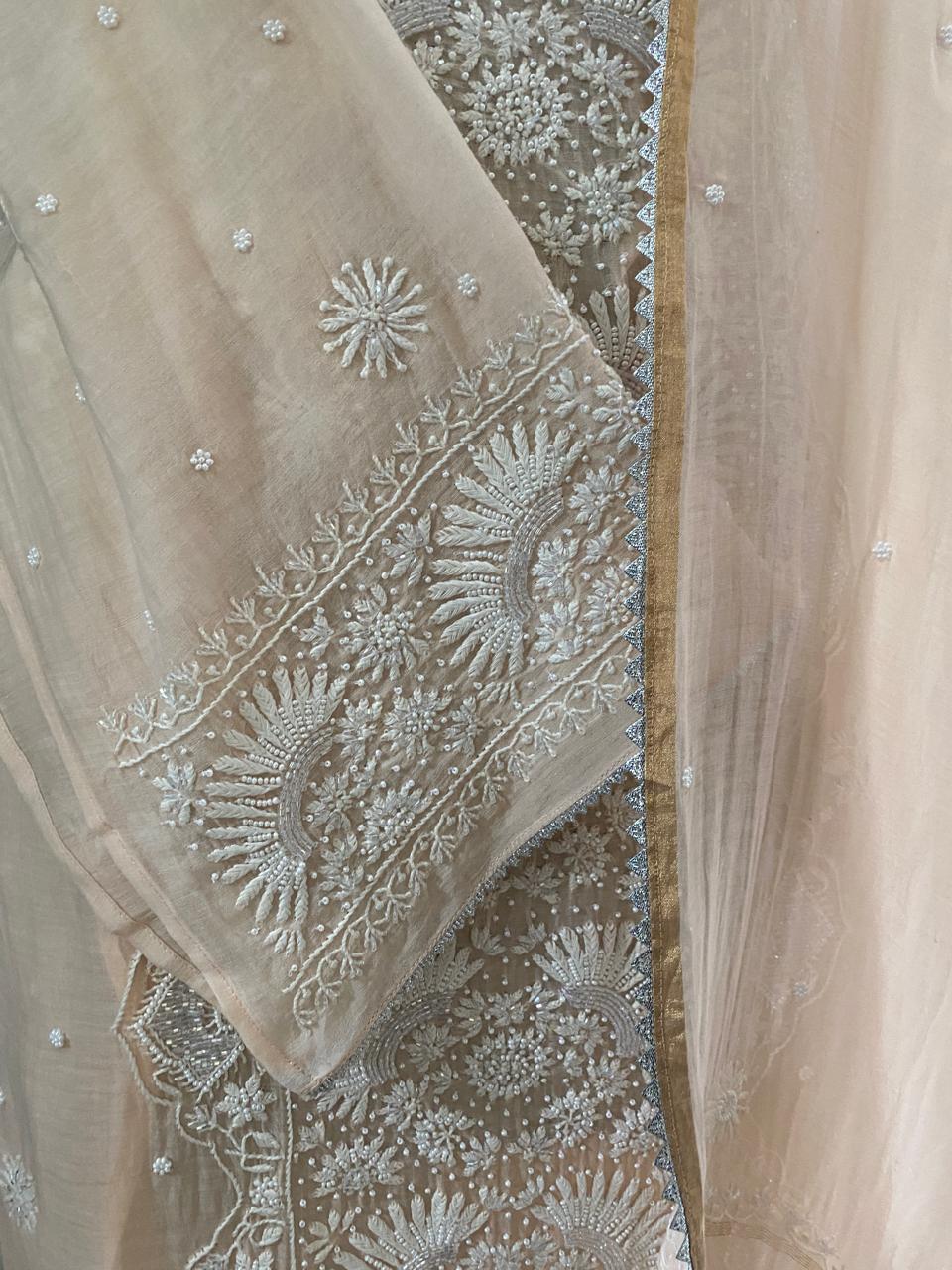 Peach Mul Chanderi Chikankari Kurta Set