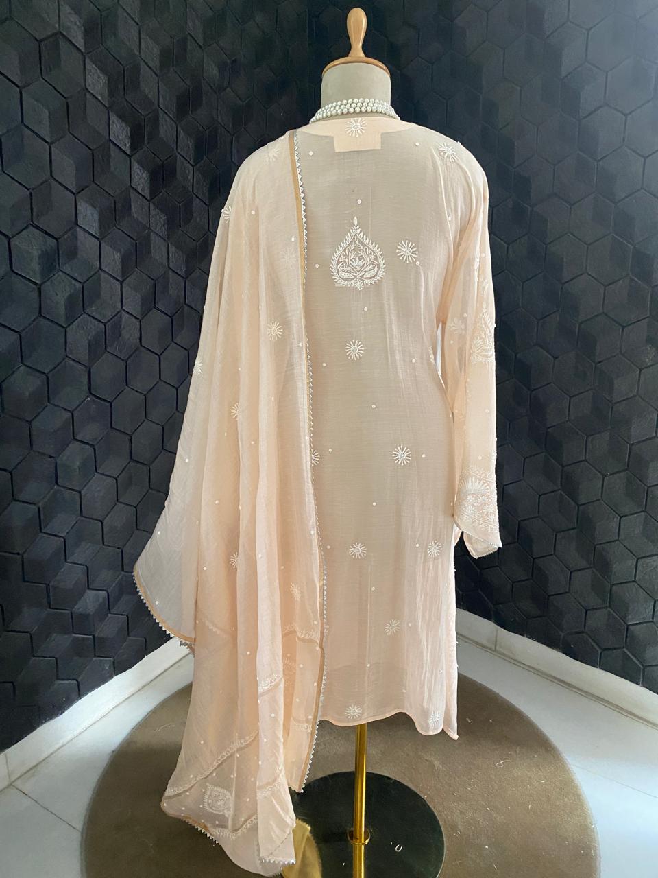 Peach Mul Chanderi Chikankari Kurta Set