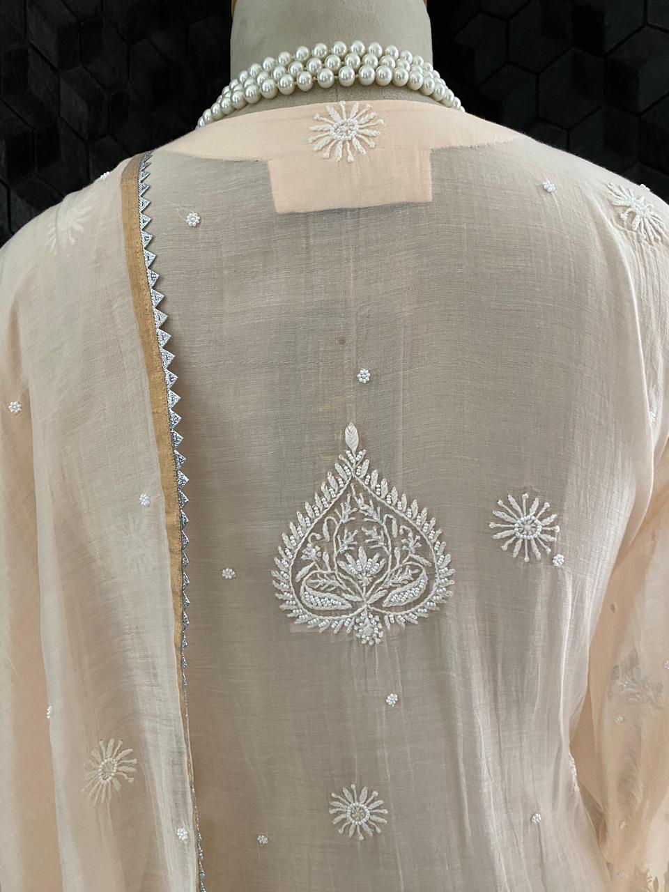 Peach Mul Chanderi Chikankari Kurta Set